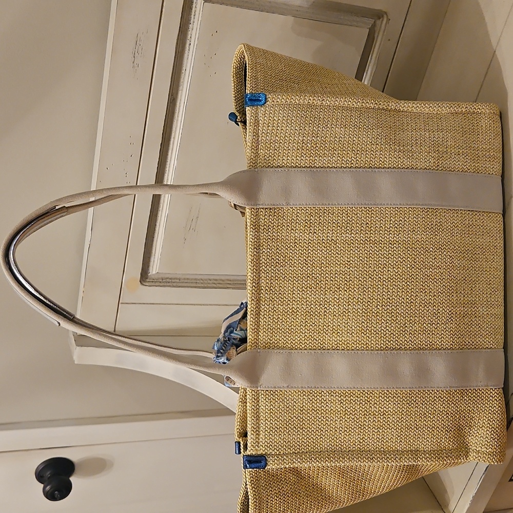 NEW Kurt Geiger Large Southbank Zip Top Shopper: Woven Beige W/ Blue Tones - Picture 4 of 10